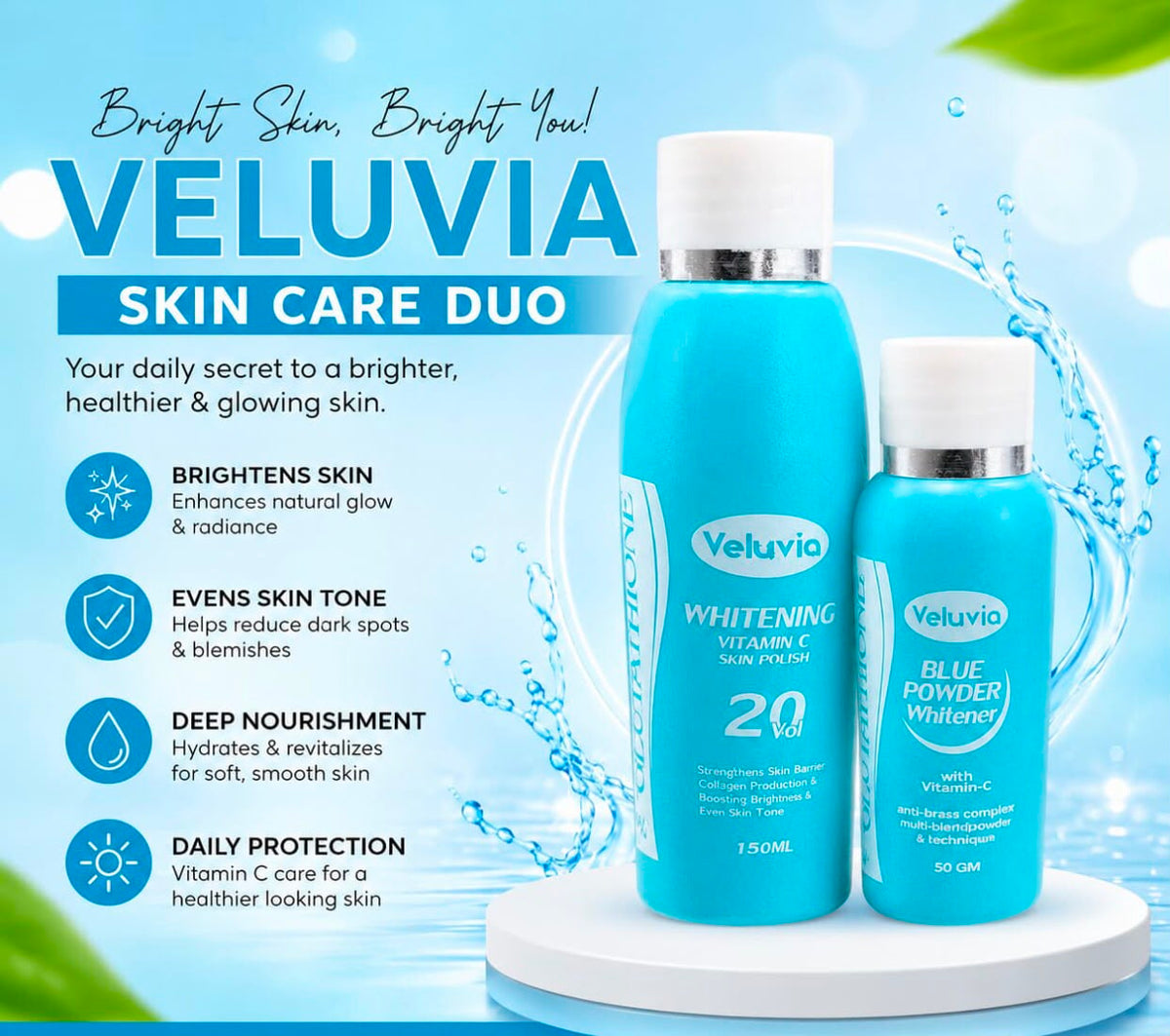 Veluvia Skin Care Duo, Vitamin C Skin Polish & Blue Powder Whitener